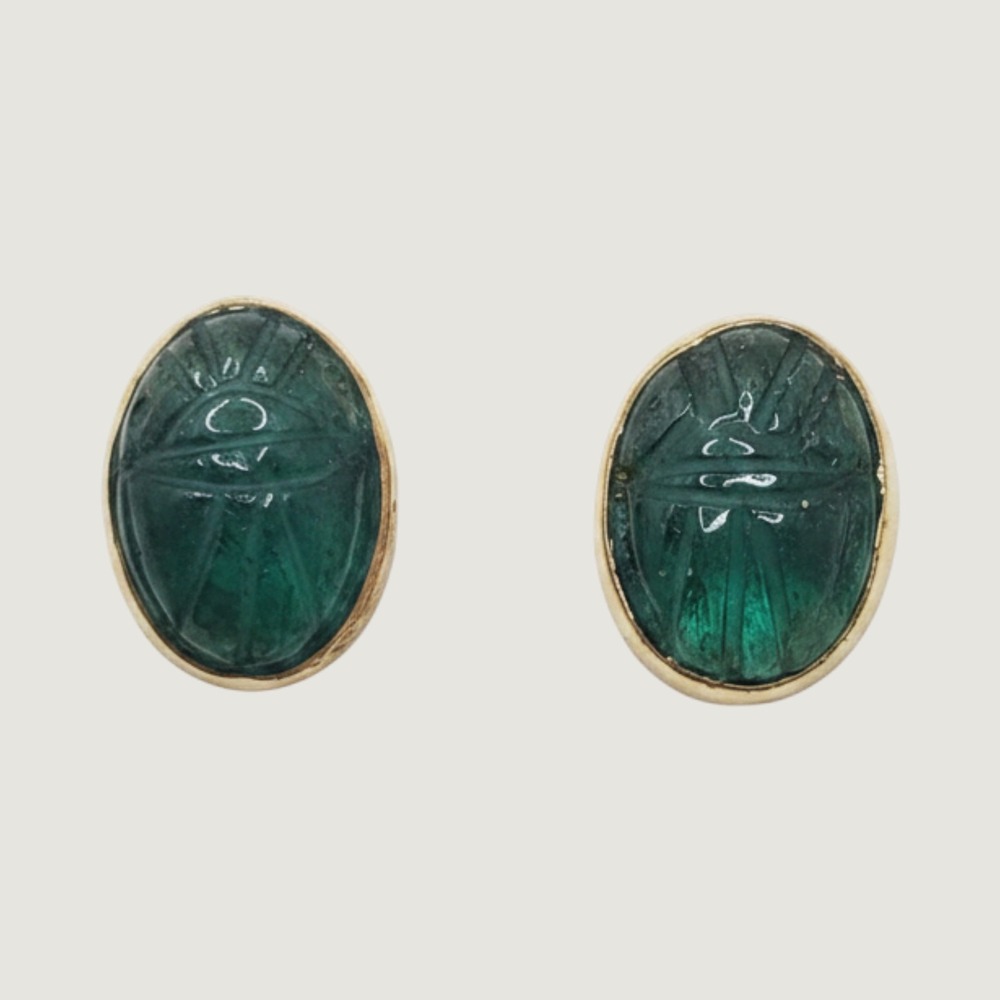 Vintage Green Chrysoprase Scarab 14k Gold Filled Stud Earrings WRE Mid-Century